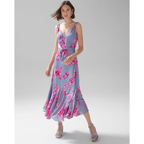 White House Black Market Tie Front Floral Maxi Dress Sz 8 Gray Satin Fit & Flare - Picture 1 of 12